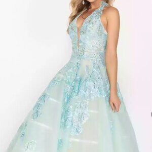 Terani Couture Blue Organza Halter V Neck Ball Gown 2011P1174
